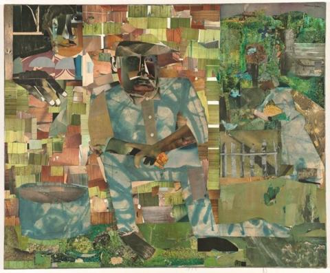 Collage features Black man seated at center, arms folded