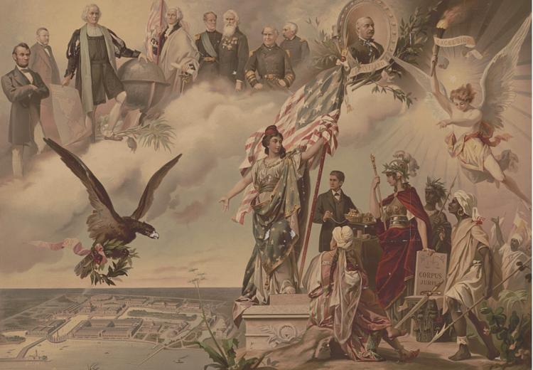 Chicago World's Fair in lower left; Thomas Edison and allegorical figures on the right; historical figures, including Abraham Lincoln and Christopher Columbus, in the upper center