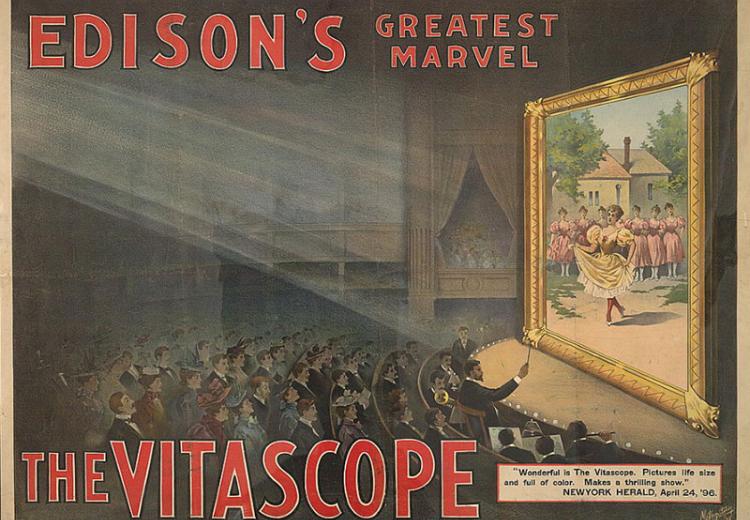 Edison's greatest marvel: The Vitascope, Color lithograph, c. 1896.